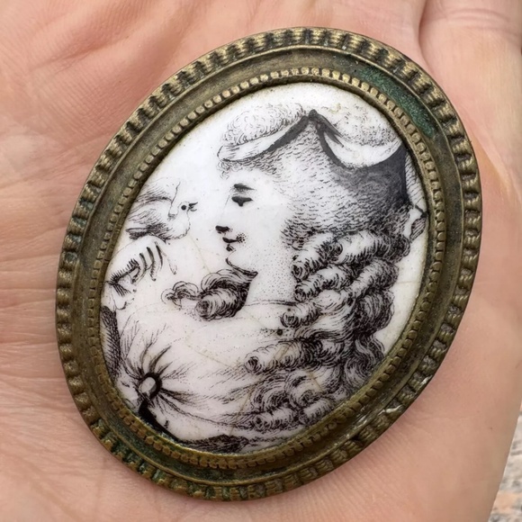 Antique Victorian Engraved Porcelain English Brooch Bronze, Great Condition